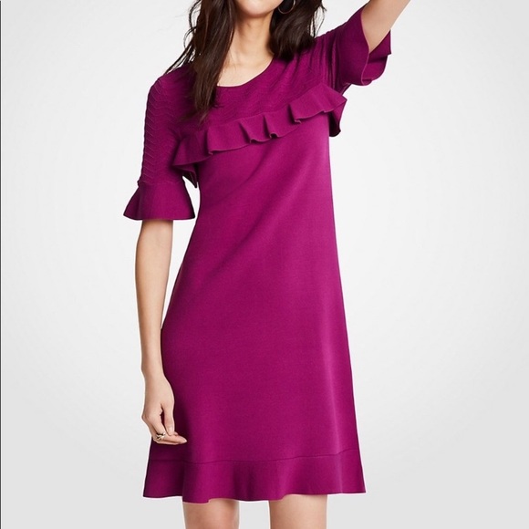 Ann Taylor Ann Taylor Chevron Ruffle Sweater Dress in Black. - Picture 2 of 8